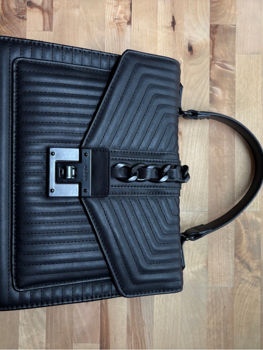 Aldo Black Quilted Chain-Accent Top Handle Satchel - Picture 3 of 14